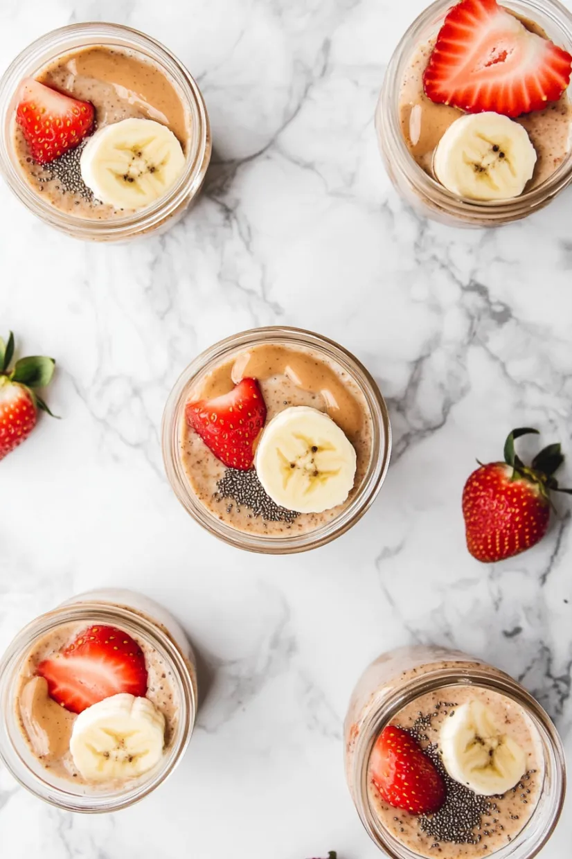 A close up of a banana and strawberry in a jar.