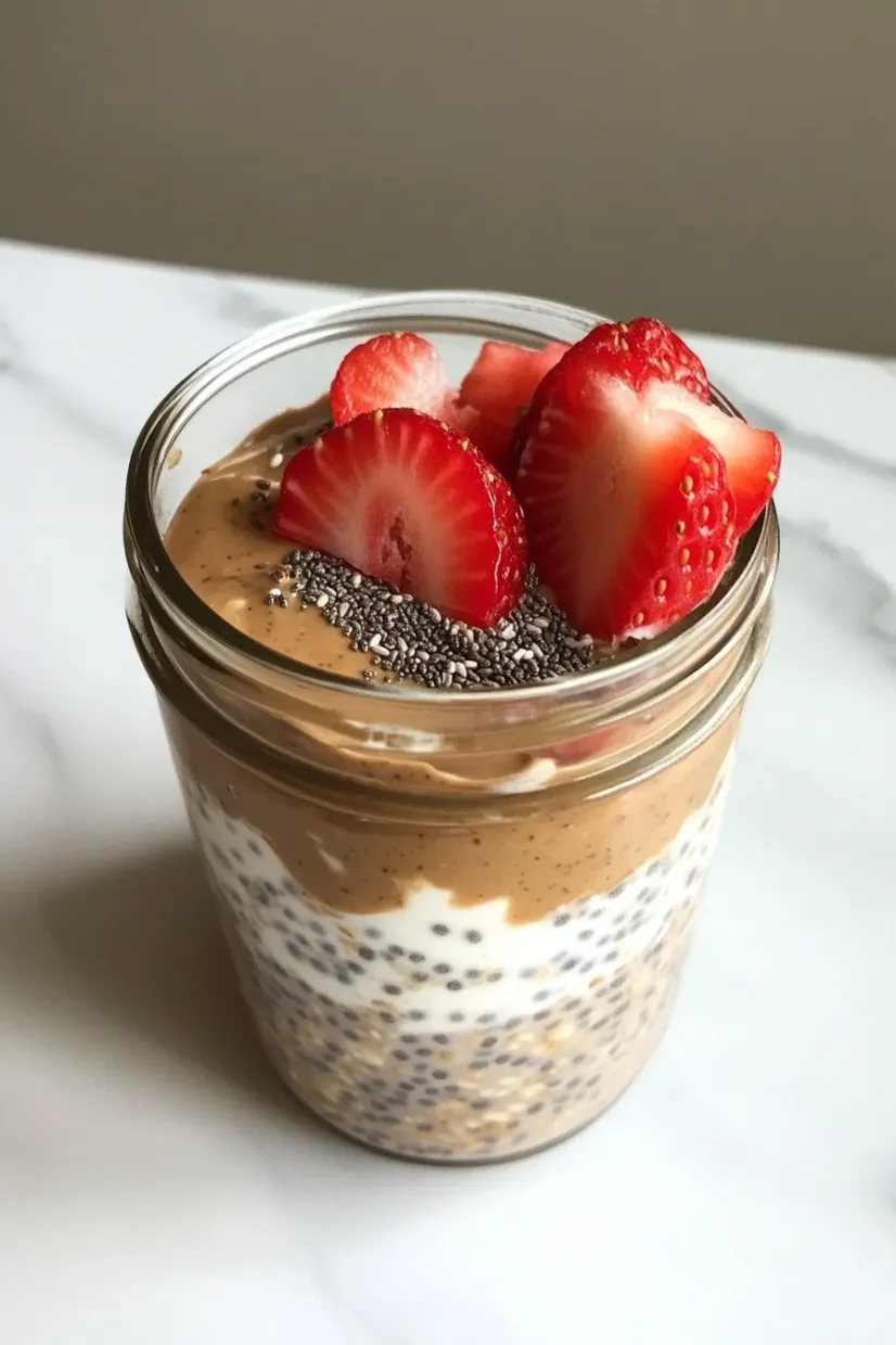 A glass jar filled with strawberries and yogurt.