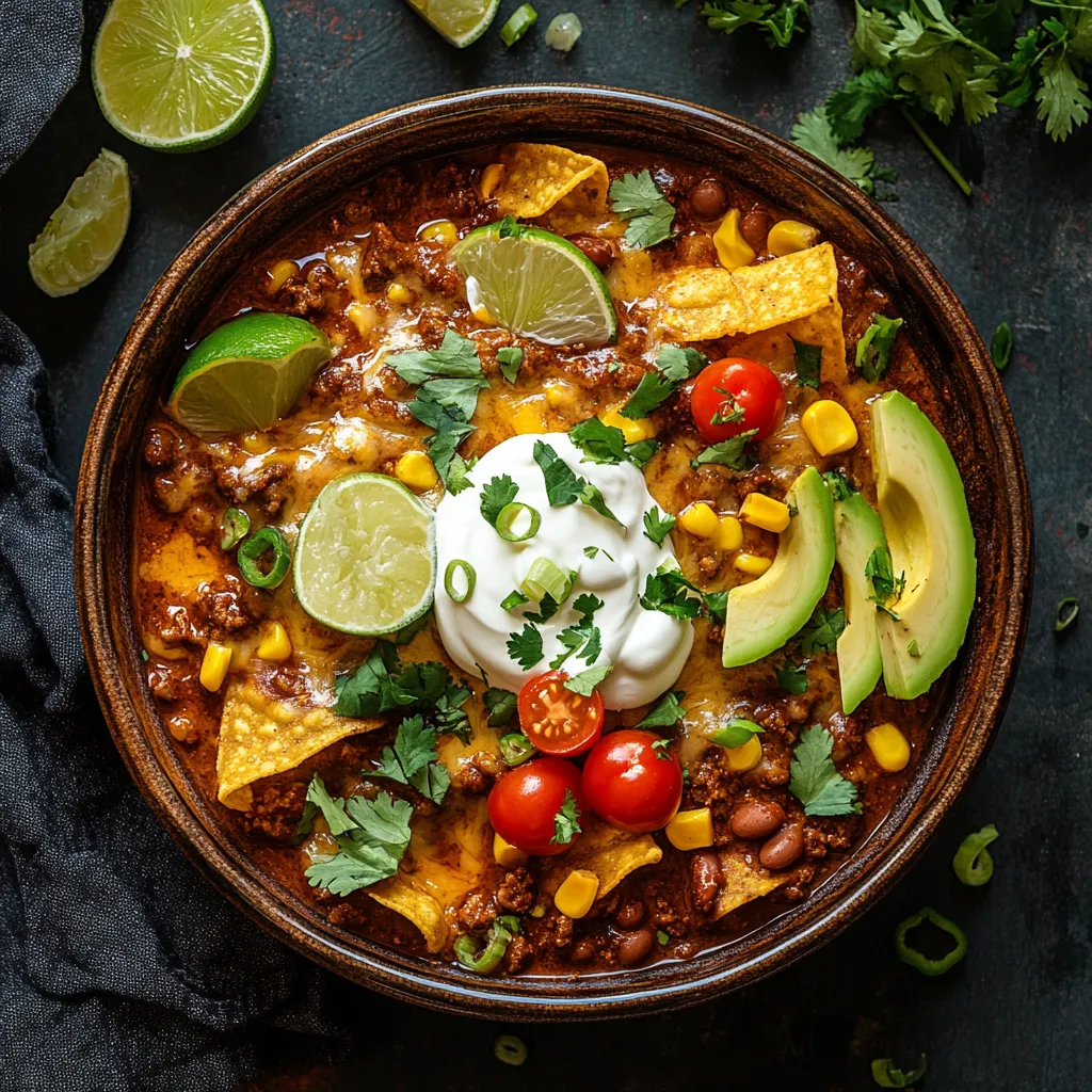 A comforting enchilada skillet topped with vibrant, fresh garnishes.