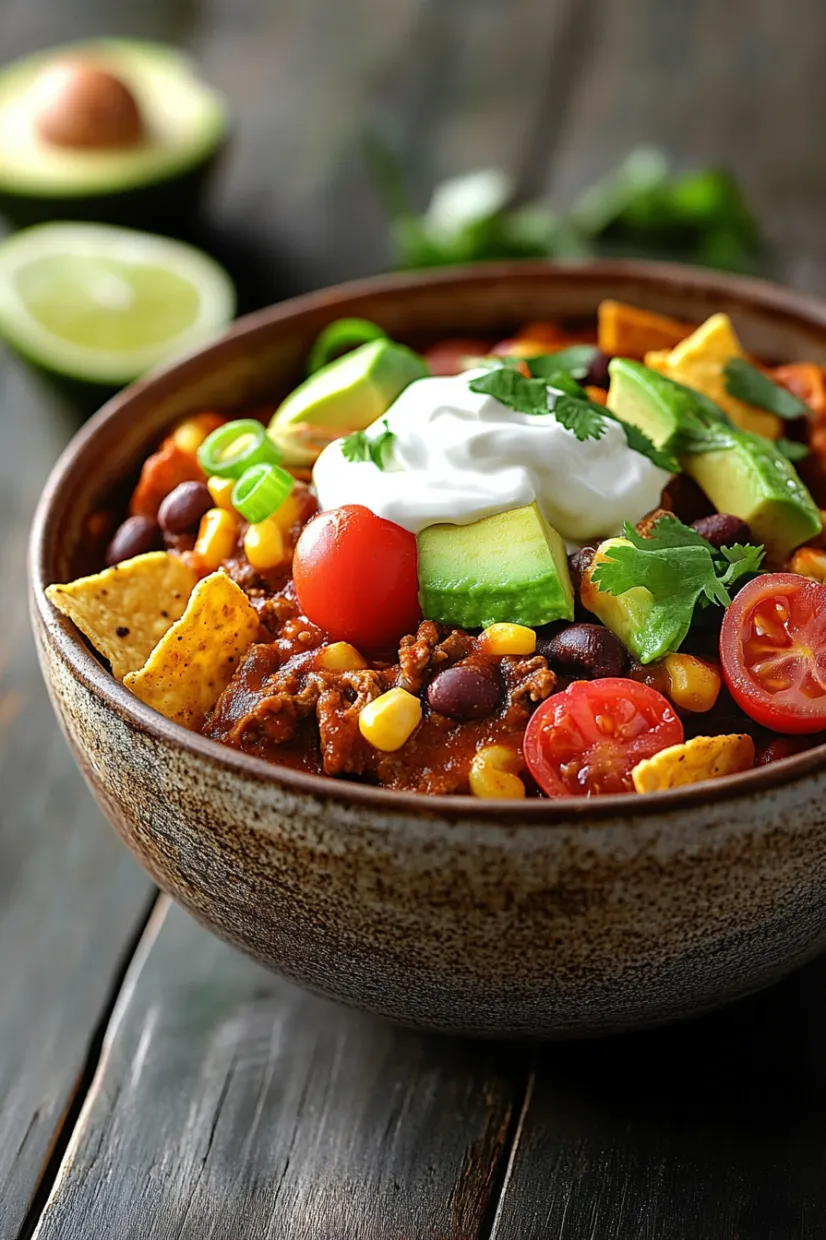 A bowl of chili with tomatoes, avocado, and lime.
