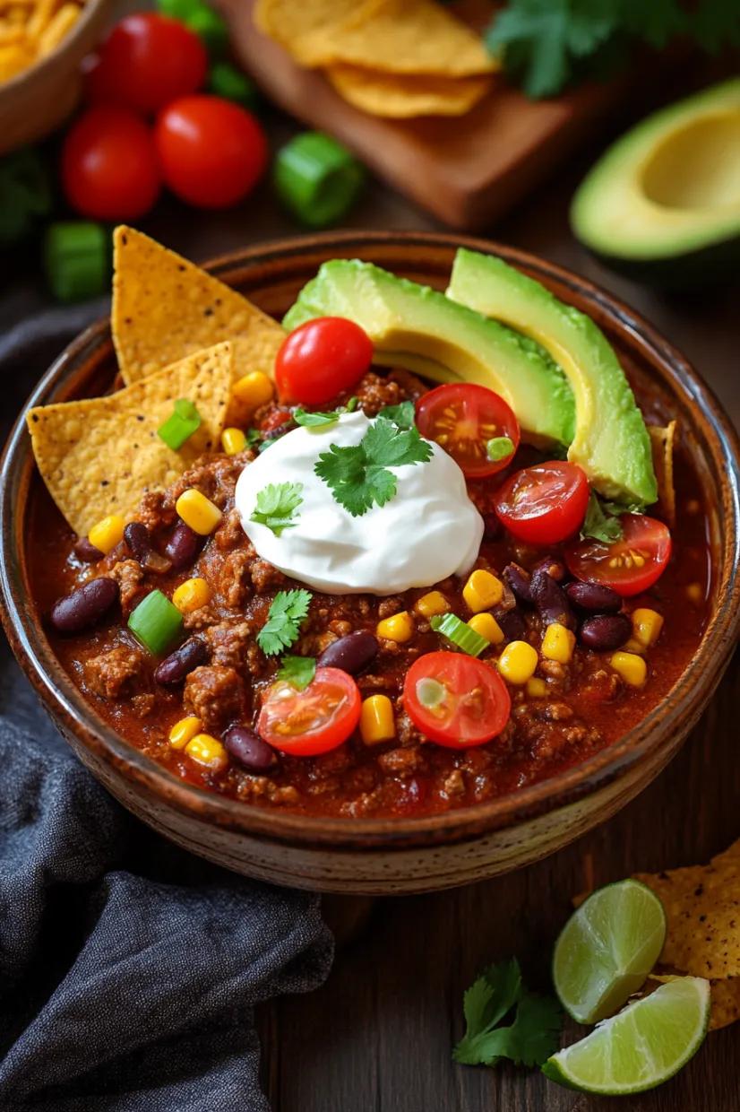 A bowl of chili with chips and avocado.