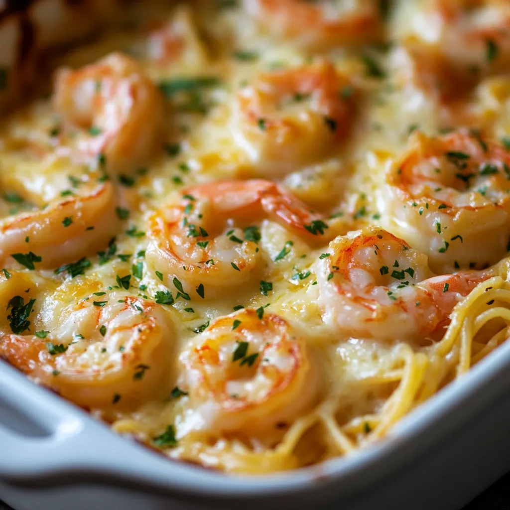 Plate of shrimp with cheesy pasta.