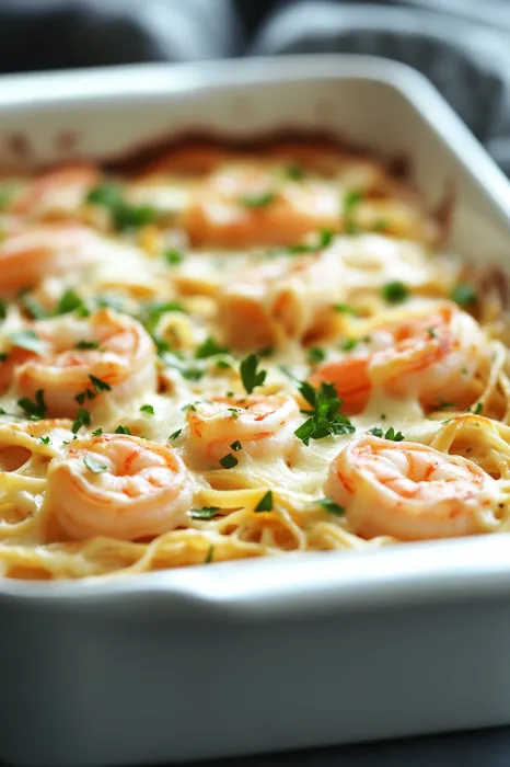 A dish of shrimp and pasta.