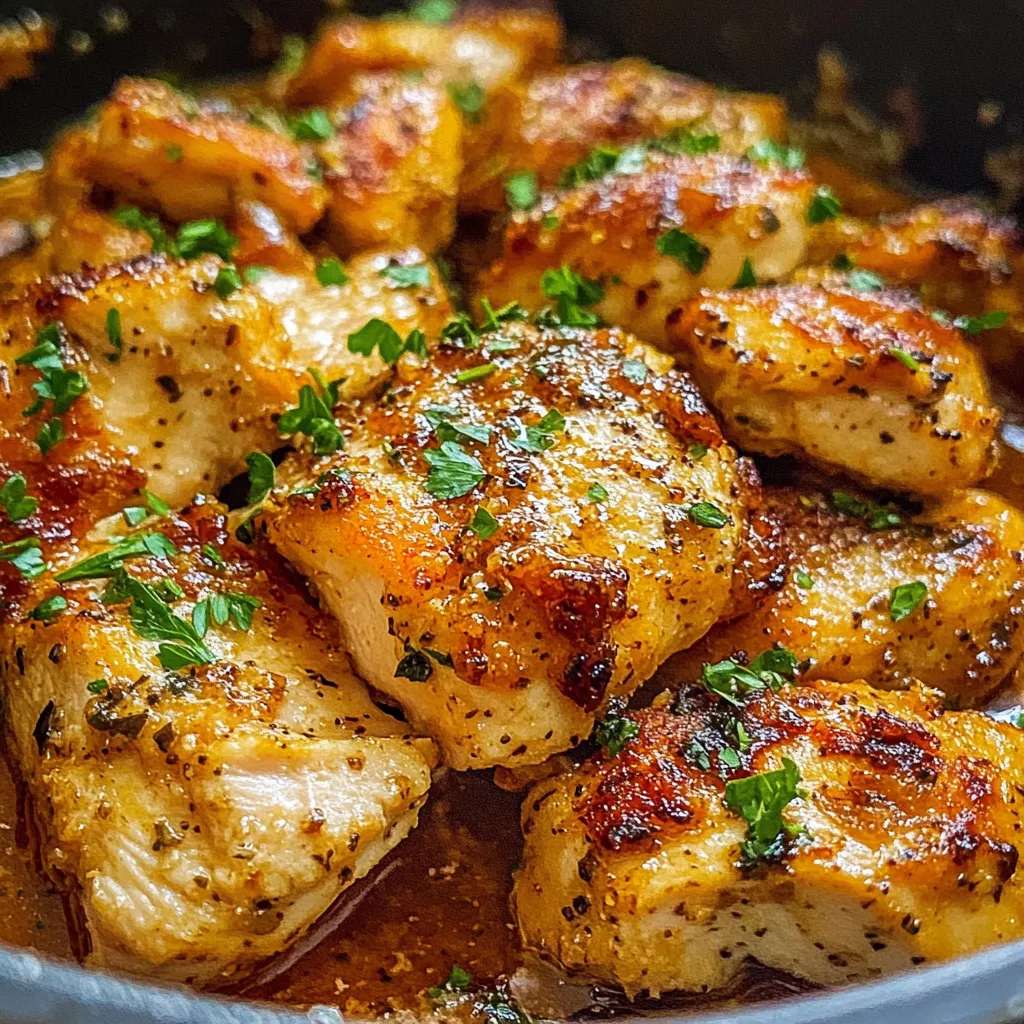 Pan of seared chicken with fresh greens.
