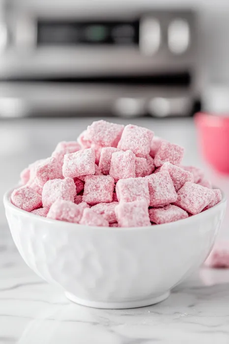 A bowl of pink sugar cubes.