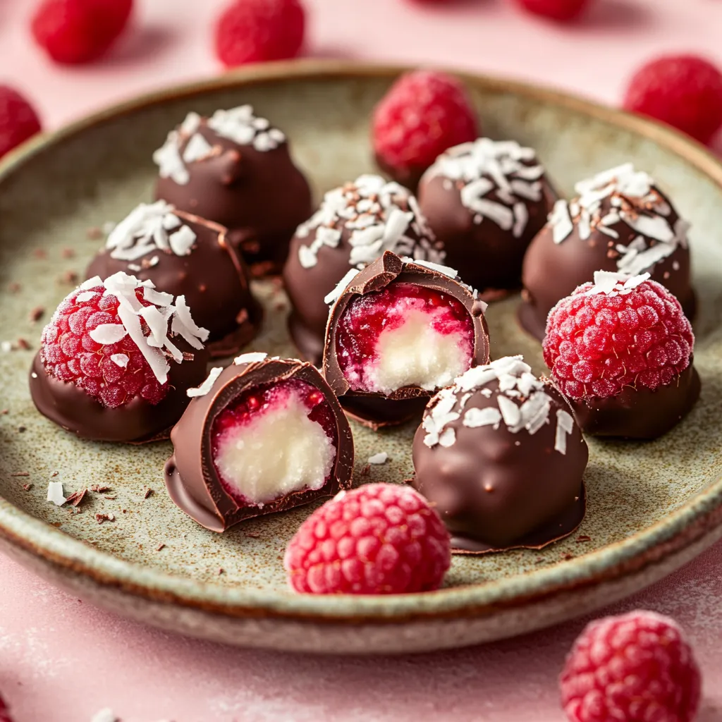 Plate filled with raspberries covered in chocolate.