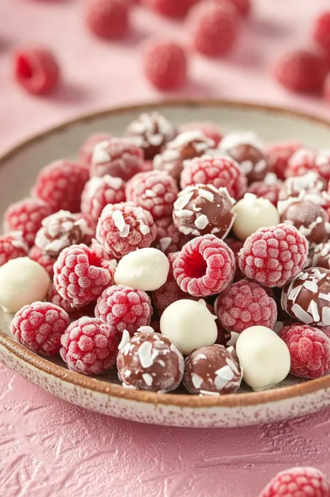 Bowl of raspberries and chocolate.
