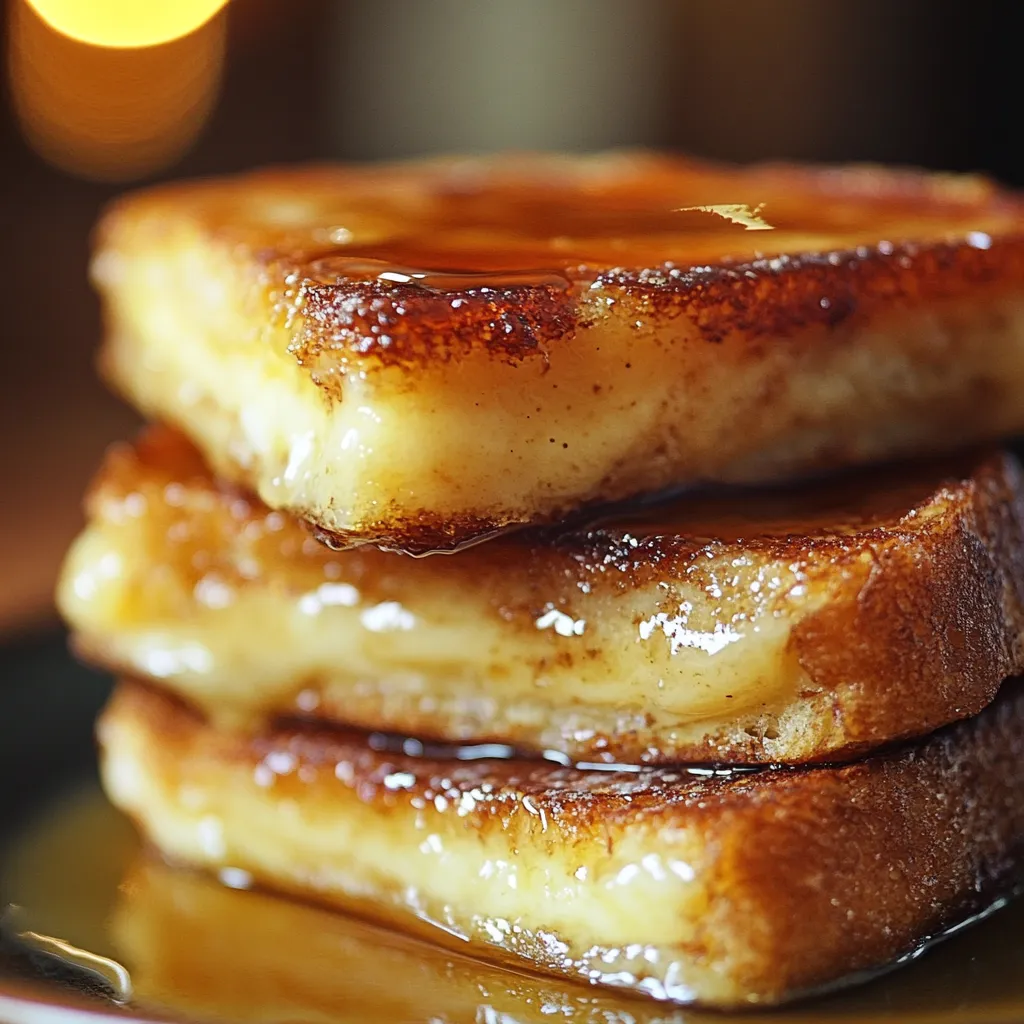 Golden French toast drizzled with syrup.