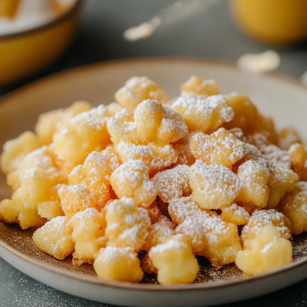 A dish of crispy treats covered in powdered sugar.