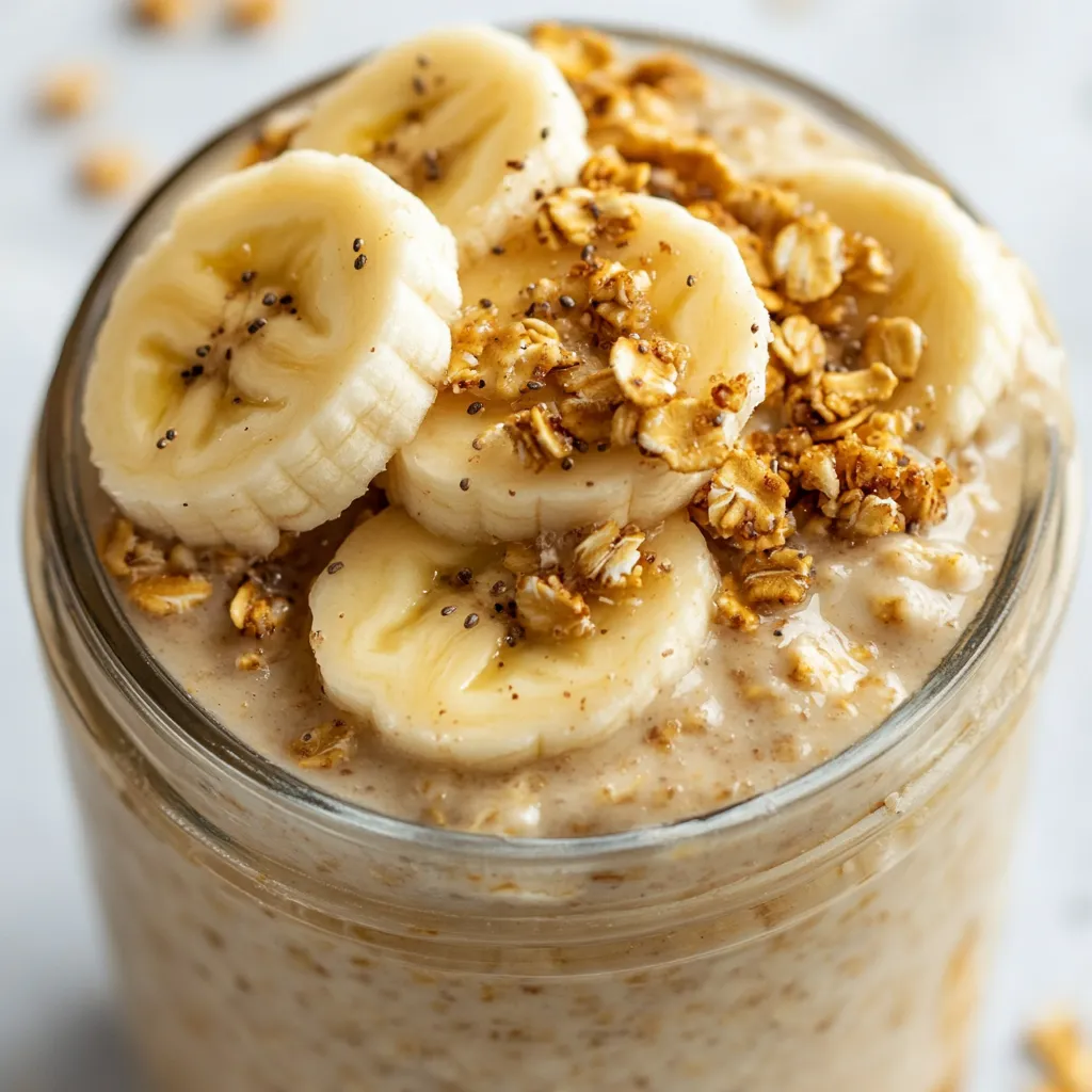 A jar filled with oatmeal and sliced banana.