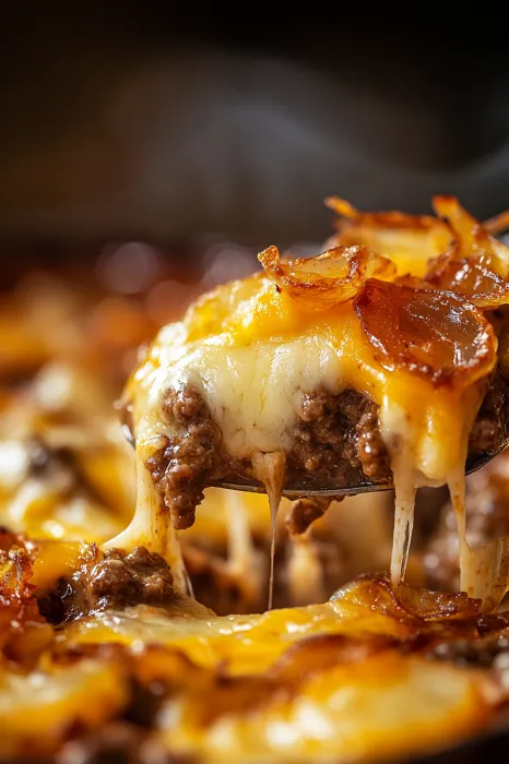 A close up of a cheesy burger.