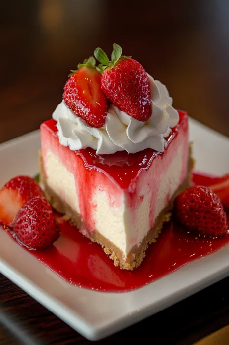 A slice of cheesecake with strawberries on top.