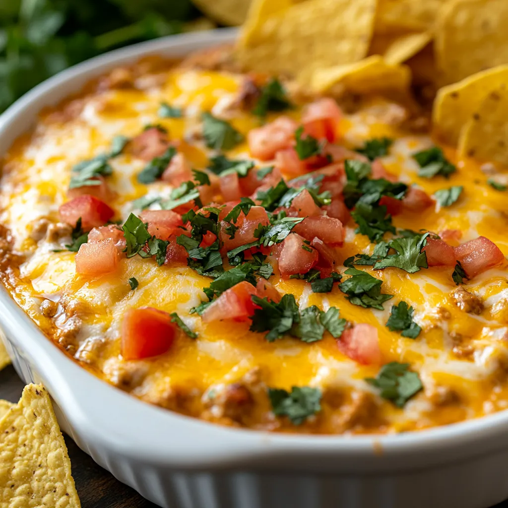 Chili dip in a bowl with chips on the side.