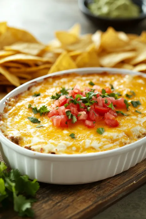A bowl of nachos with a side of chili.