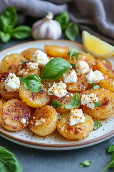 A plate of food with cheese and herbs.