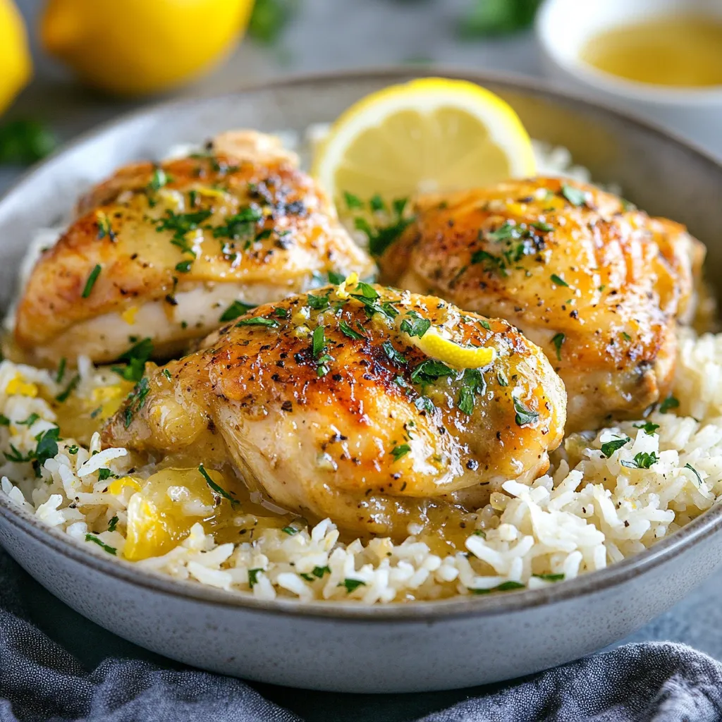 A dish of rice and lemony chicken.