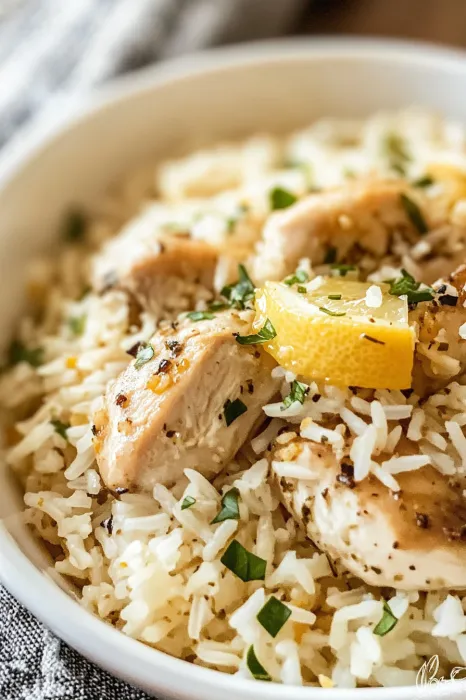 A bowl of rice with chicken and lemon.