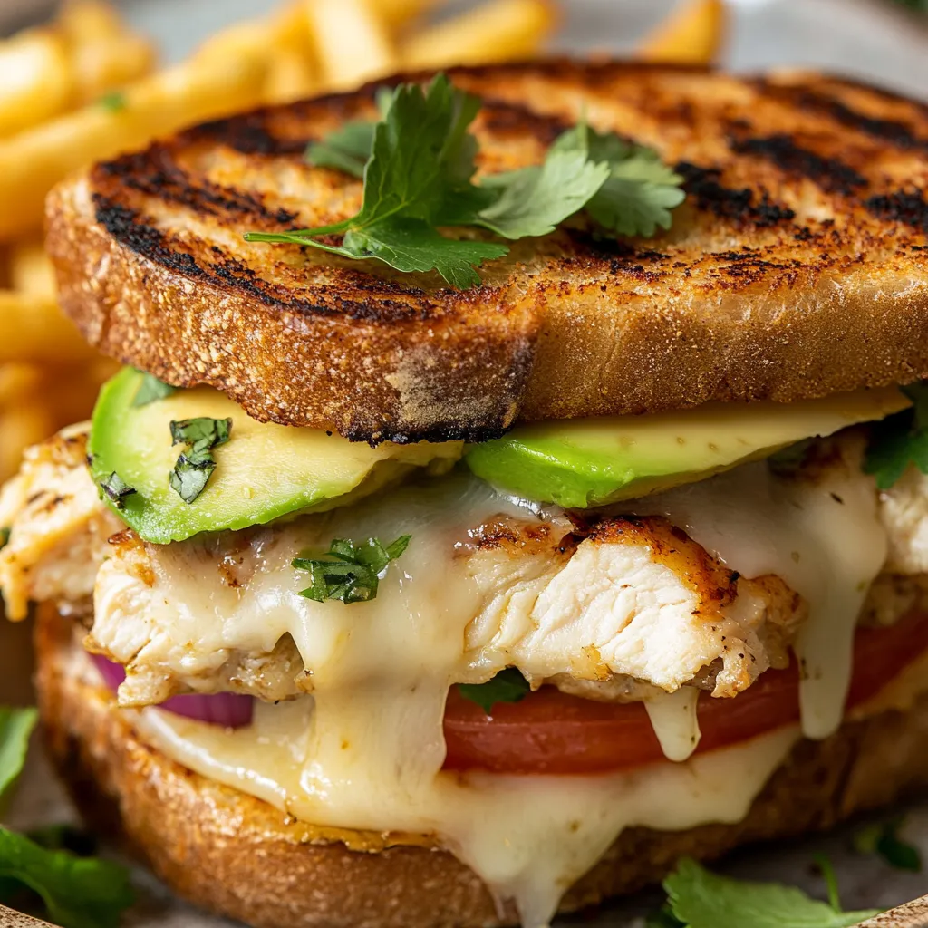 A toasty sandwich filled with chicken, avocado, and tomato slices.