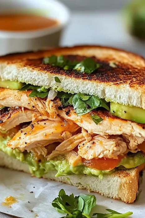 A sandwich with meat and avocado.