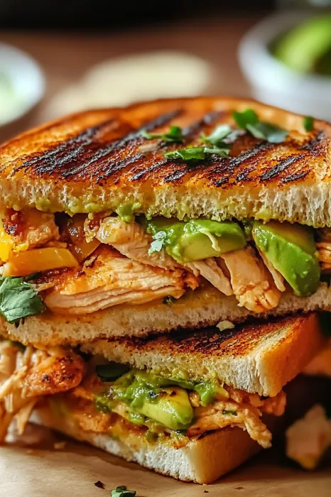 A sandwich with chicken, avocado, and lettuce.
