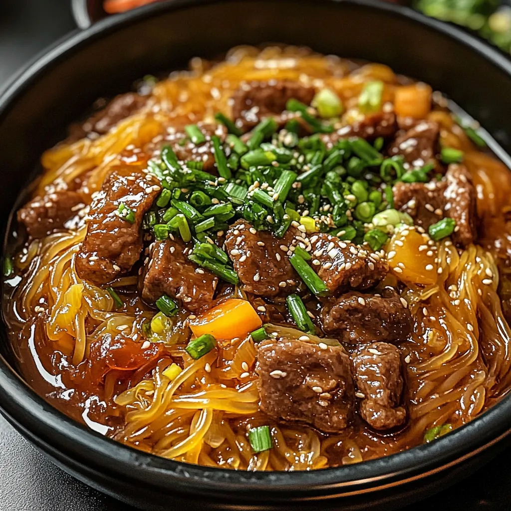 A bowl with beef, veggies, and noodles.