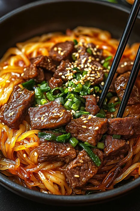 A bowl of beef noodle soup with chopsticks.