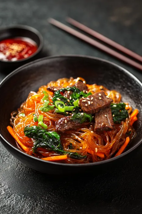 A bowl of noodles with meat and vegetables.