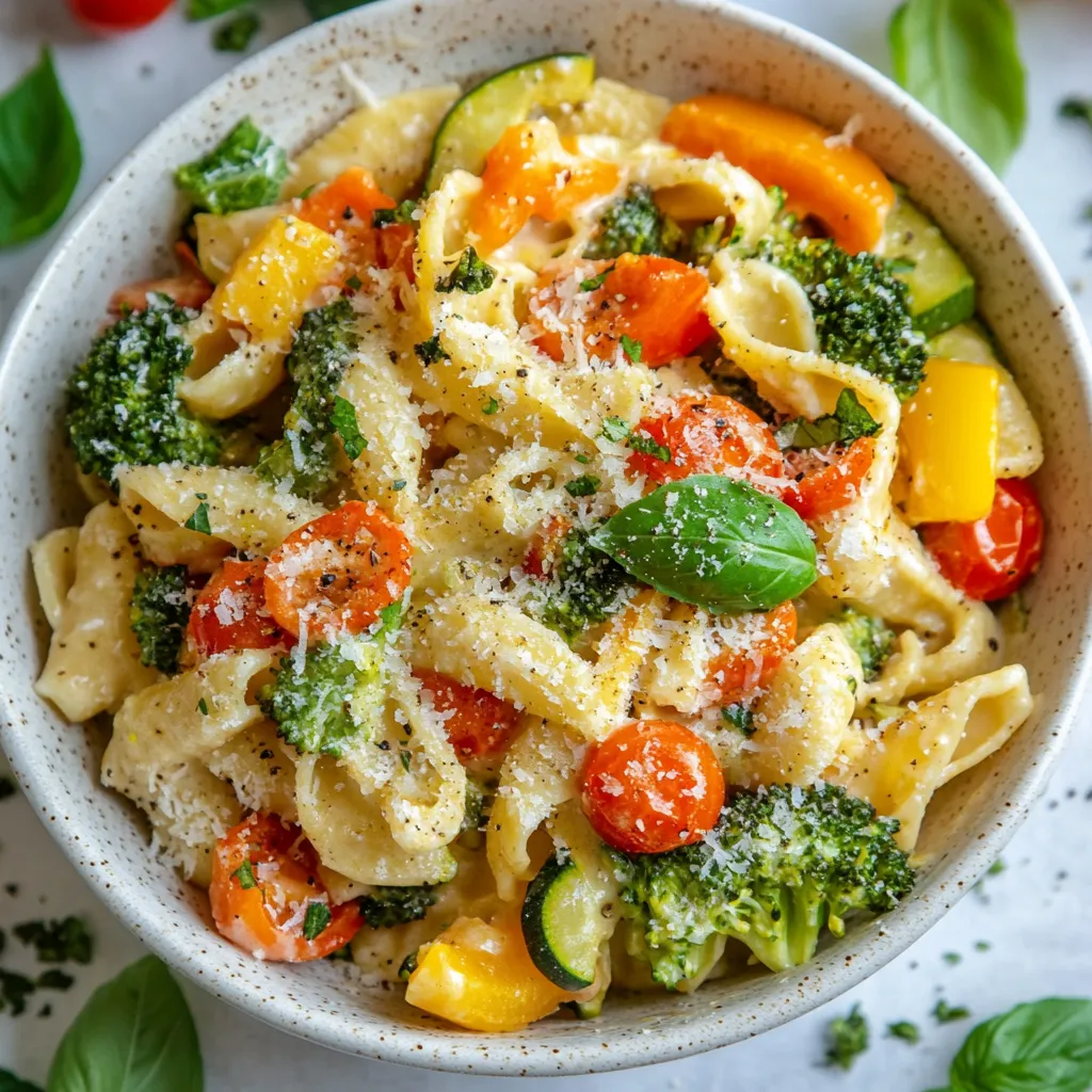 Bowl of creamy pasta with colorful veggies like broccoli and tomatoes.