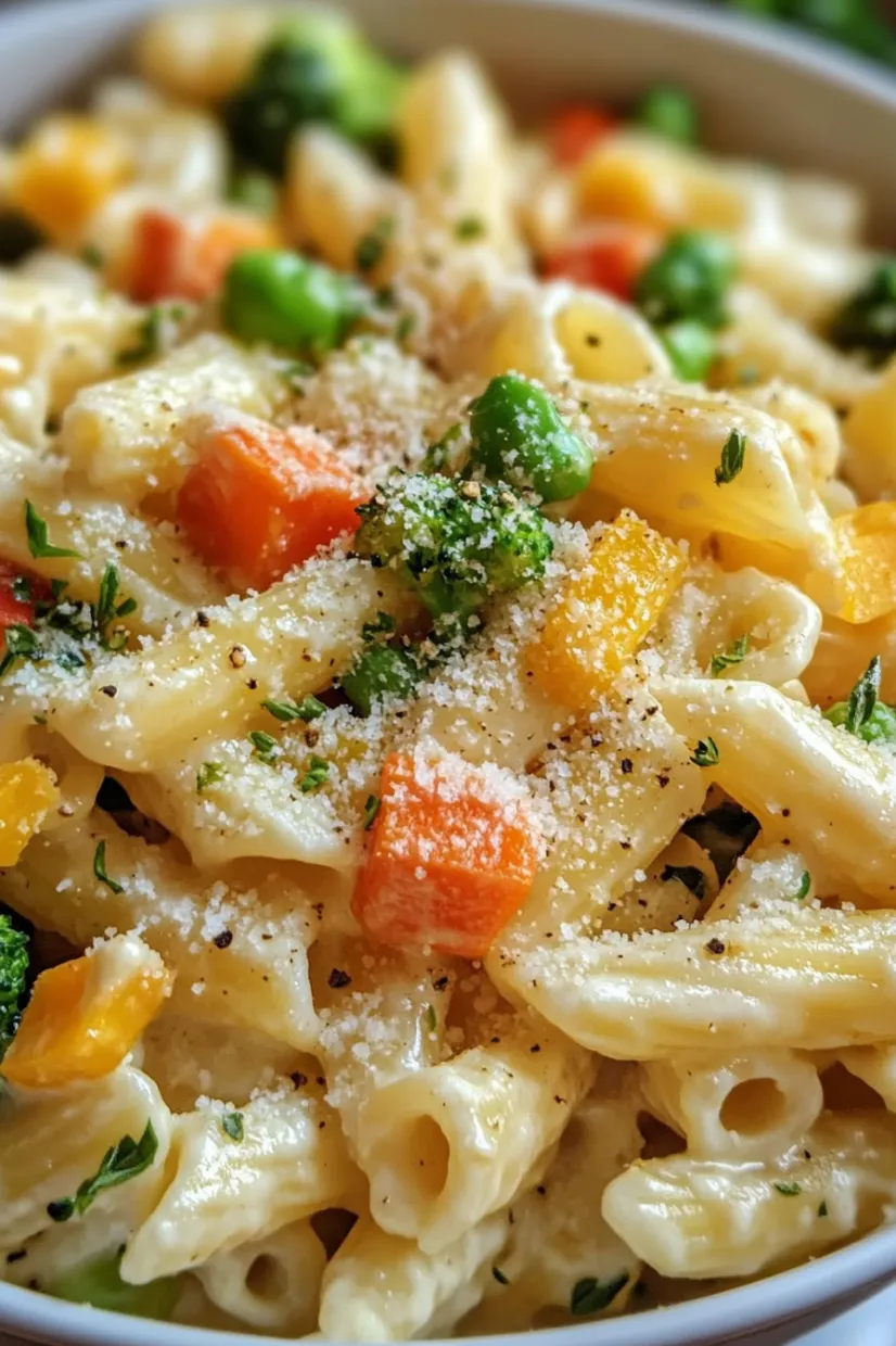 A plate of pasta with peas and carrots.