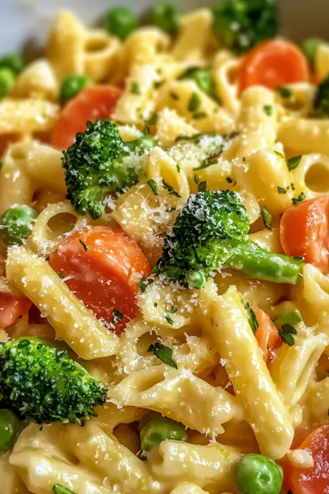 A plate of pasta with broccoli and carrots.