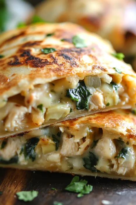 A close up of a sandwich with spinach and chicken.