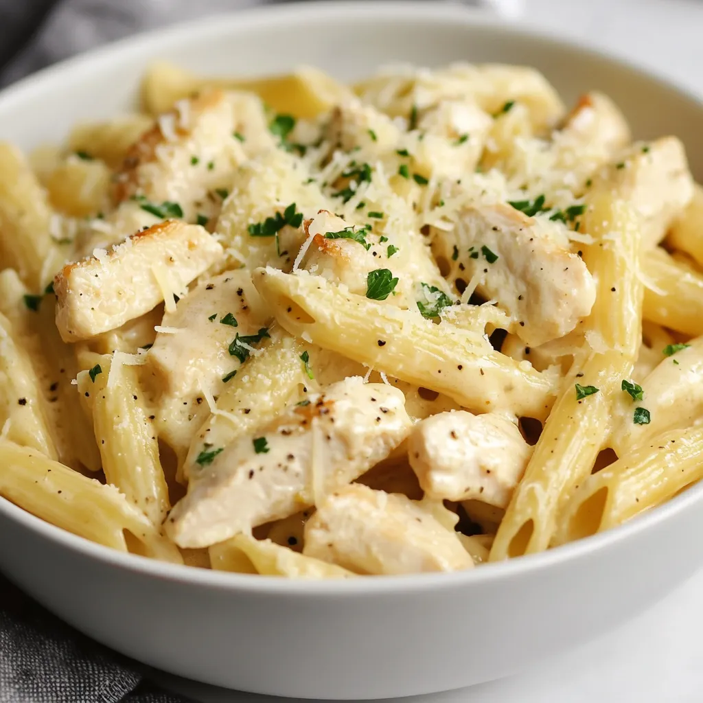 A cheesy pasta dish with chicken and lemon.