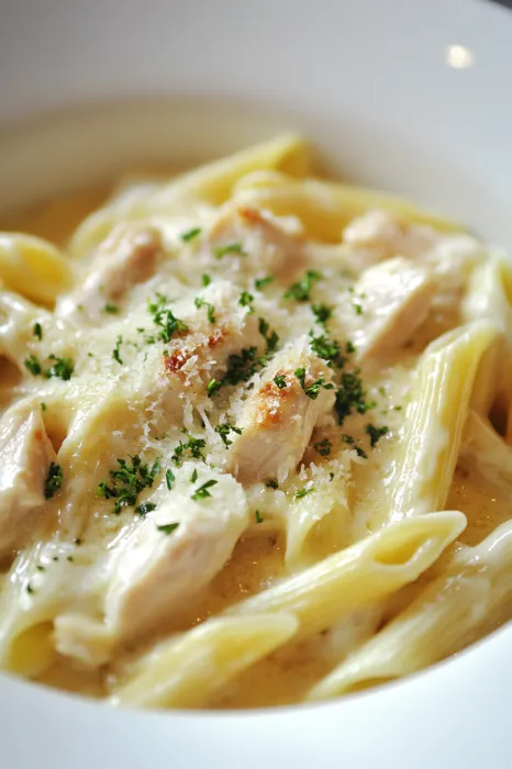 A bowl loaded up with cheesy chicken pasta.