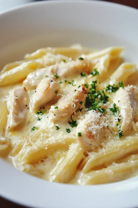 A plate stacked with creamy chicken pasta.
