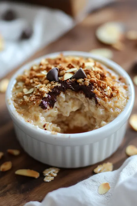 A bowl holding oats topped with chocolate pieces and nuts.