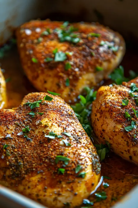 Chicken sprinkled with fresh herbs.
