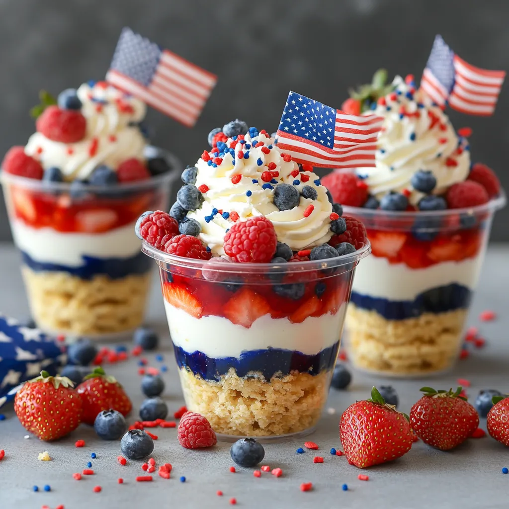 Red, white, and blue layered dessert cups on display.