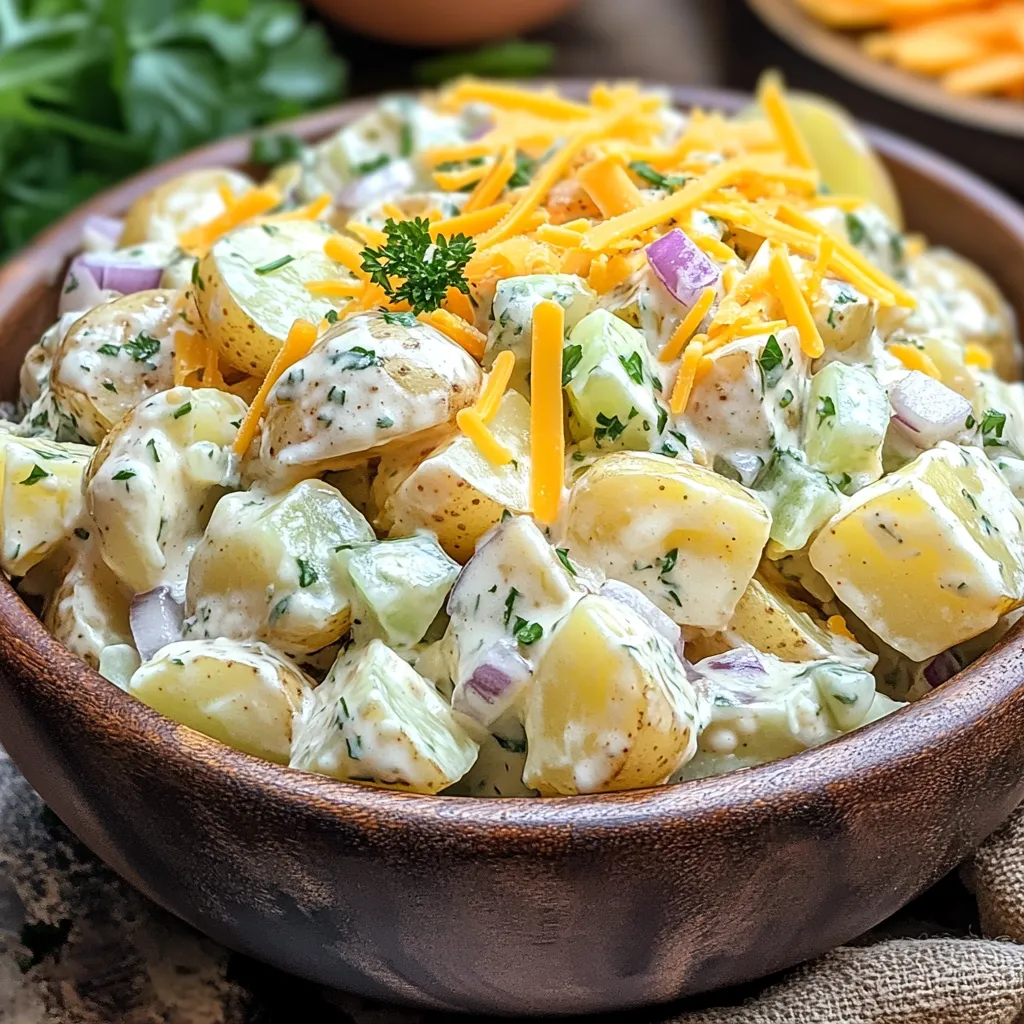 A serving of potato salad with cheesy topping and green onion garnish.