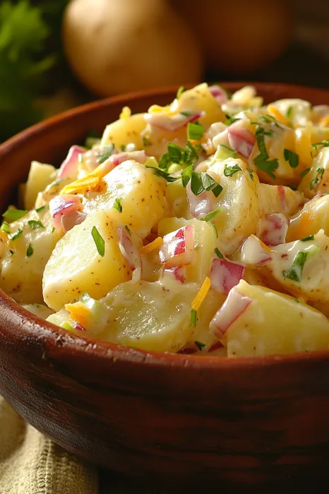A bowl loaded with potatoes, cheese, and chopped herbs.