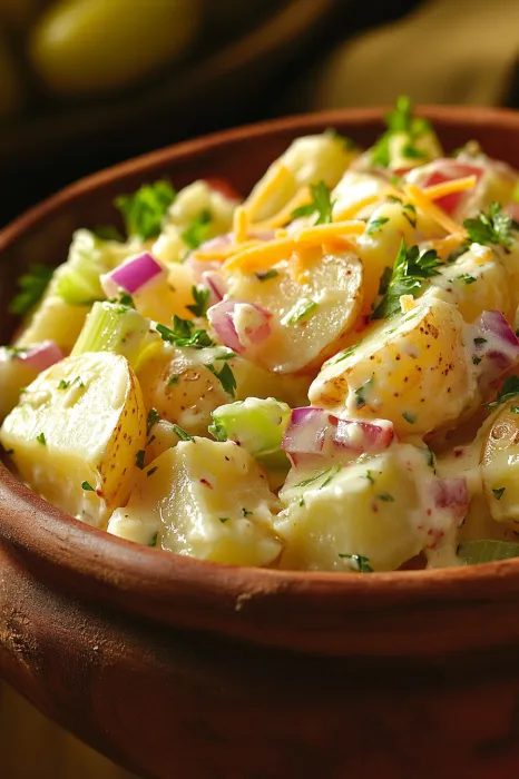 Potatoes and onions piled in a bowl with herbs.