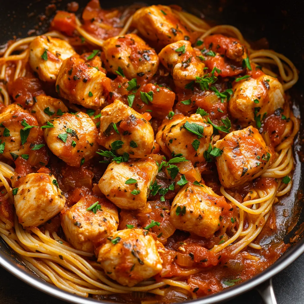 A serving of tomato-based chicken with herbs.