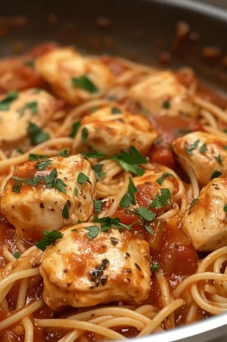 A plate full of chicken and pasta goodness.