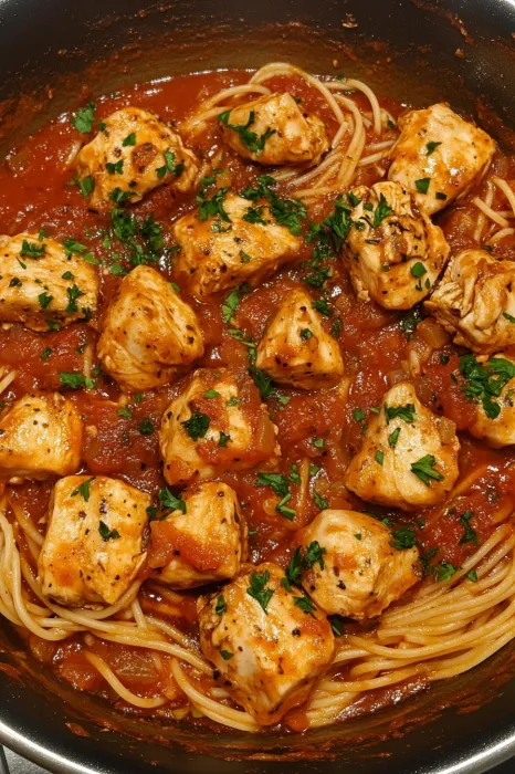 Hearty chicken and pasta plated together.