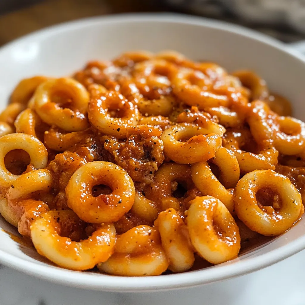 A bowl of pasta covered in a creamy tomato sauce with meatballs.