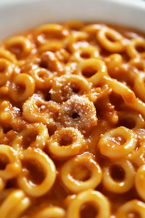 Bowl of pasta with a mini meatball on top in the center.