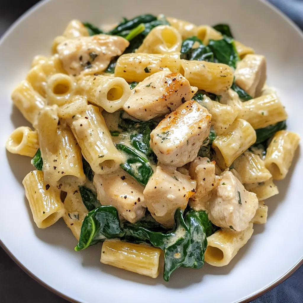 A bowl of creamy chicken and spinach pasta.