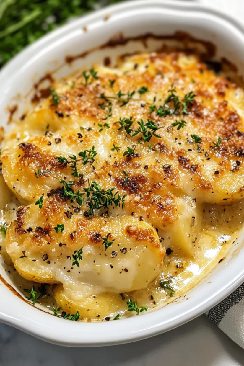 A bowl of cheesy potatoes with a spoon inside it.