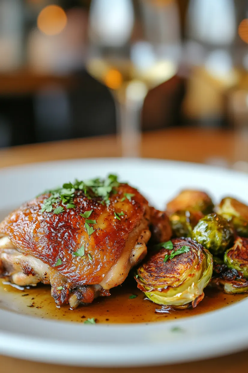A plate holding roasted chicken and brussels sprouts with a glass of white wine in the background.