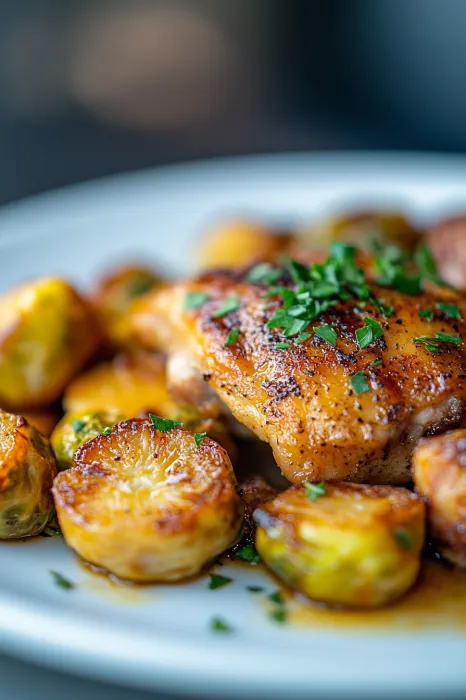 Chicken and potatoes served on a plate, ready to eat.