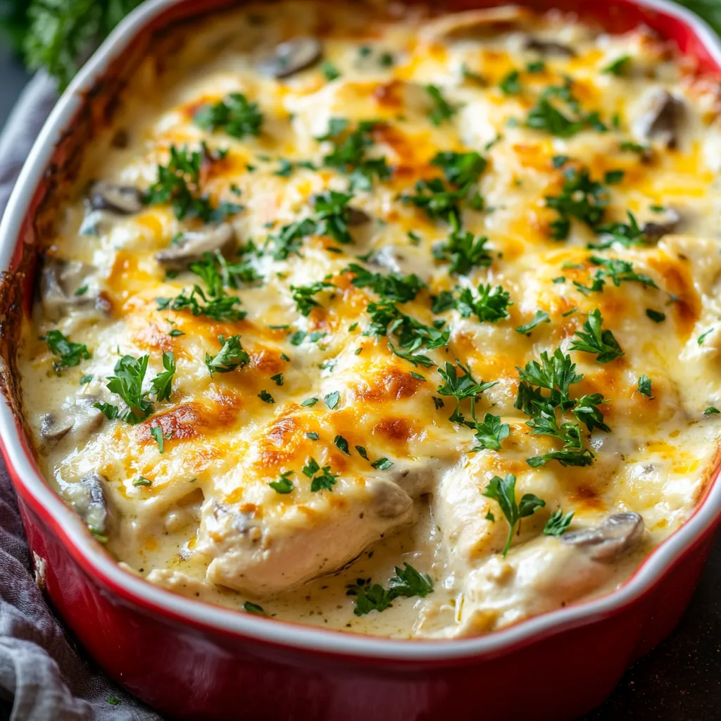 A close-up of chicken with mushrooms in a casserole dish.